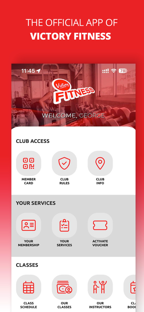 Pantalla de inicio de la aplicación móvil Victory Fitness que muestra acceso al club y servicios de membresía