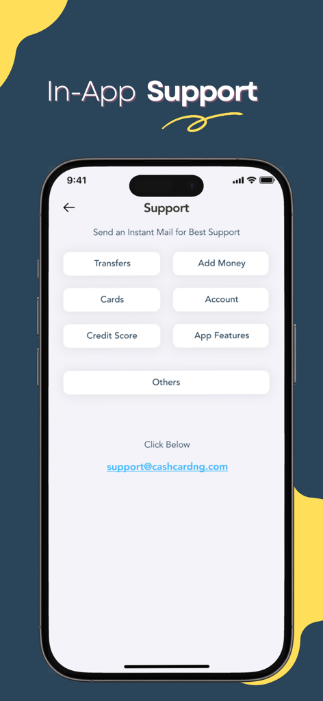 CashMobile in-app support interface with categories like Transfers, Cards, and Credit Score