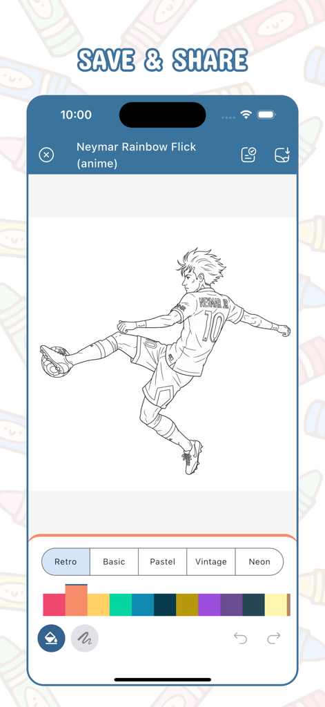 Football Coloring, Draw Soccer - Football coloring app interface featuring an anime style drawing of Neymar and a color palette