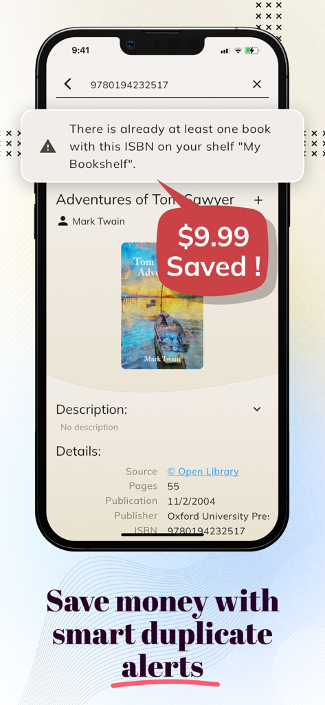 A smartphone screen showing a duplicate book notification and a money saving alert in the Book Tracker app