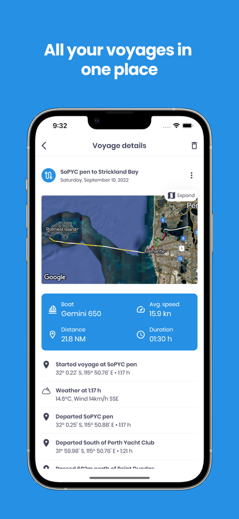 Nebo - Boat Logging Made Easy. - Smartphone screen displaying a detailed boat voyage log with map route and travel statistics in the Nebo app