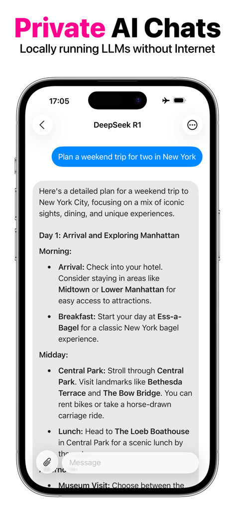 OfflineLLM: Private AI Chat - OfflineLLM interface showing a private chat with DeepSeek R1 model generating a New York travel plan in airplane mode.