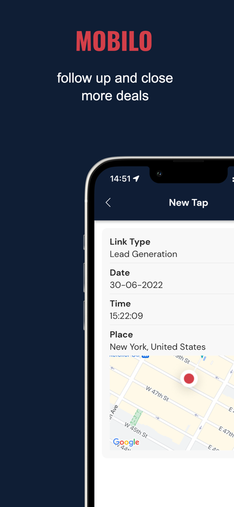 Mobilo Card app interface displaying lead generation tracking with location and contact time.