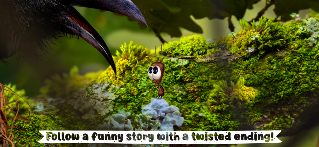 A small inventor ant named Florantine faces a giant bird beak on a mossy branch in a photorealistic macroworld.