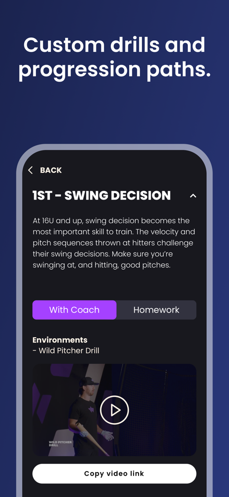 WIN Reality: SwingAI - A mobile interface for the WIN Reality SwingAI app showing custom baseball drills and progression paths for swing decision training.