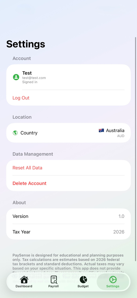 PaySense - Interface des paramètres utilisateur dans l'application PaySense montrant la gestion du compte et de la localisation