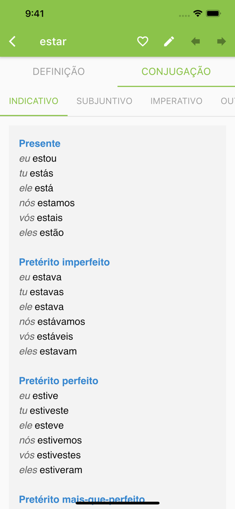 Dicionário Michaelis Português - Portuguese verb conjugation screen for the verb estar in the Michaelis dictionary app