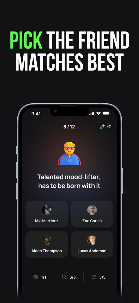 Interface of the Peek app showing a secret compliment poll where the user selects which friend is a talented mood lifter from four profile options.