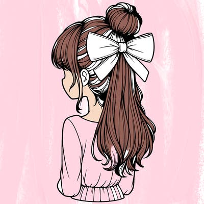 realistic girl  with hip length hair a bun and a big bow on the back of head