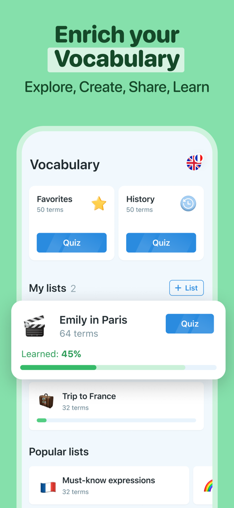 Reverso app interface showing personalized vocabulary lists and quiz options for language learning