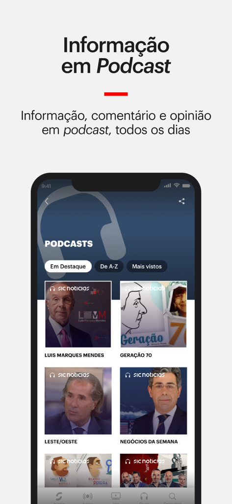 SIC Notícias - Tela de podcast do aplicativo SIC Noticias mostrando vários programas de notícias e comentários portugueses.