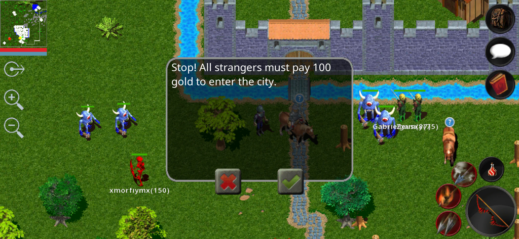 Forgotten Tales - Gameplay di Forgotten Tales MMORPG che mostra una finestra di dialogo di una missione presso una porta della città in un mondo isometrico in pixel art.