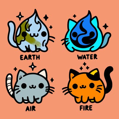 4 cats that represent the different elements, earth, water, air, and fire