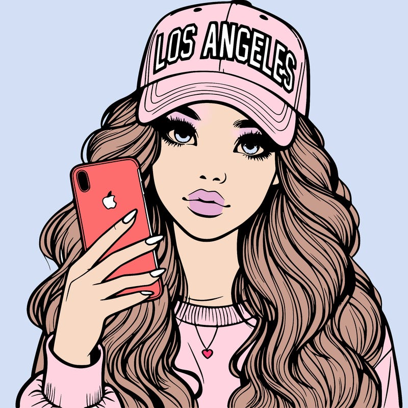 realistic beautiful girl wearing los ángeles cap holding an iphone