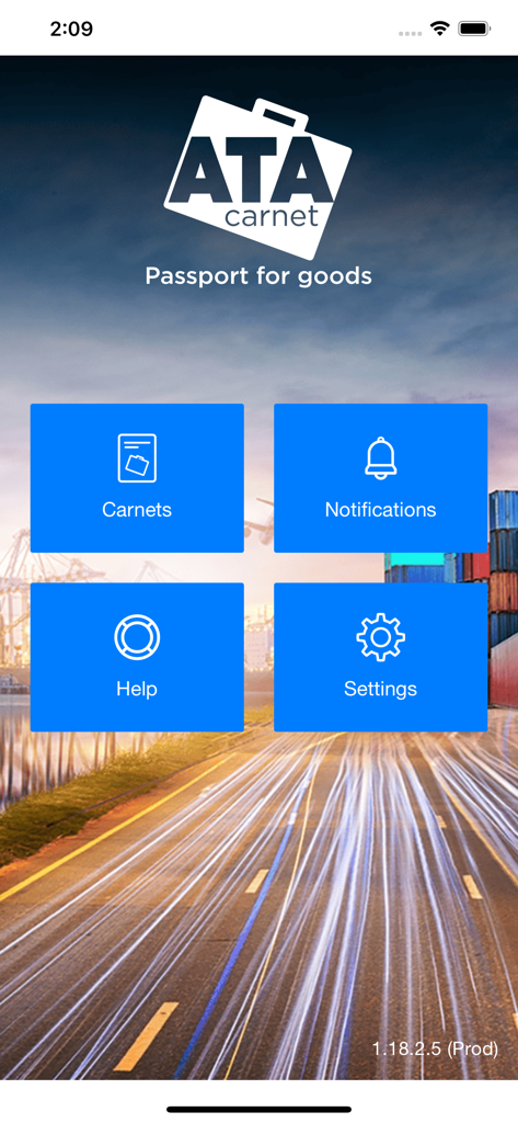 ATA Carnet mobile app home screen with menu icons for Carnets, Notifications, Help, and Settings over a logistics themed background.