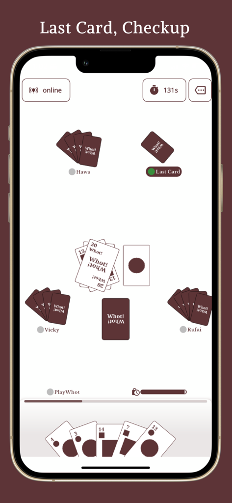 Online multiplayer gameplay of Play Whot card game showing the game interface and players.