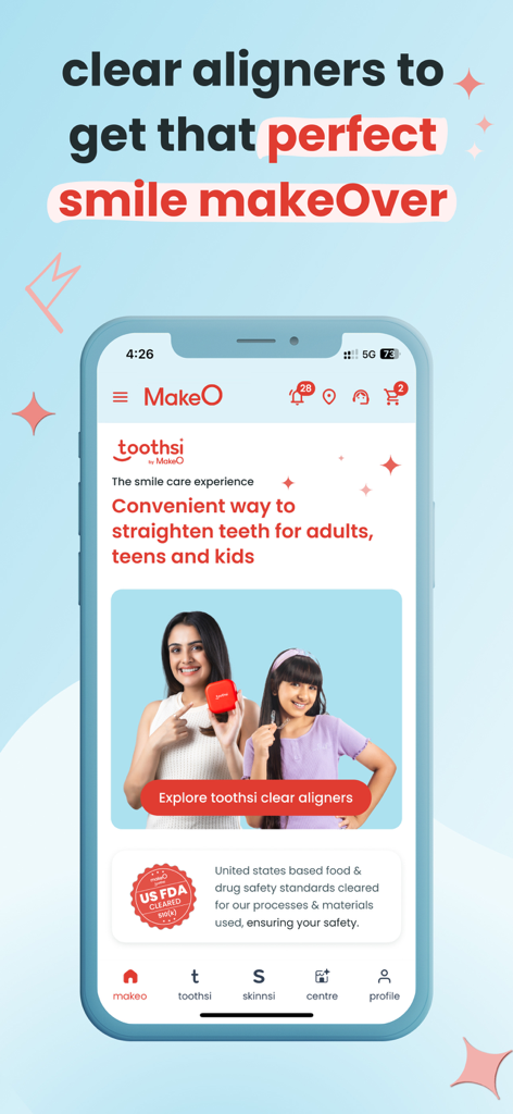 MakeO app home screen showcasing toothsi clear aligners for a professional smile makeover