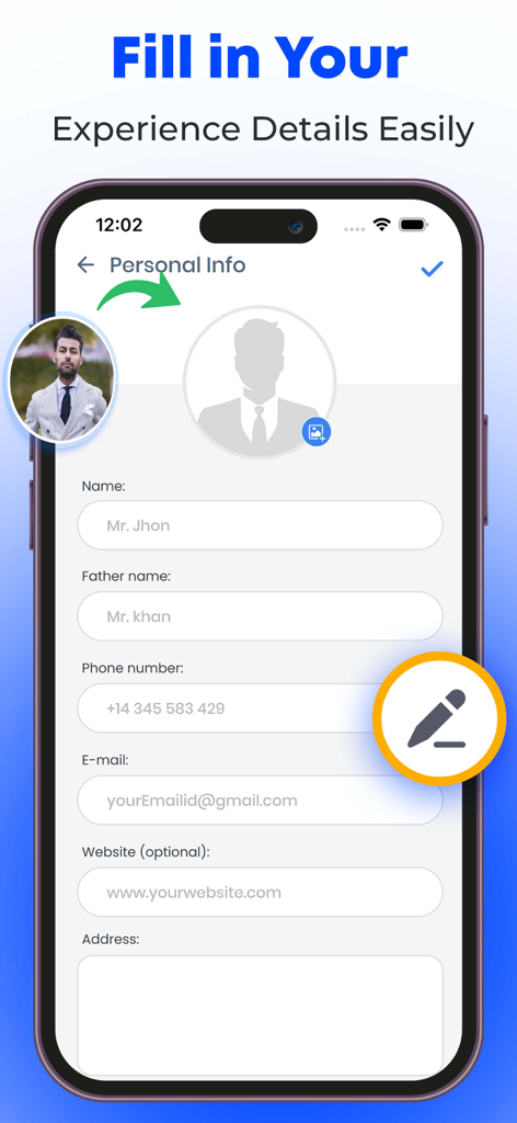 Écran de saisie des informations personnelles dans l'application Modèles de CV Pro - Créateur de CV.