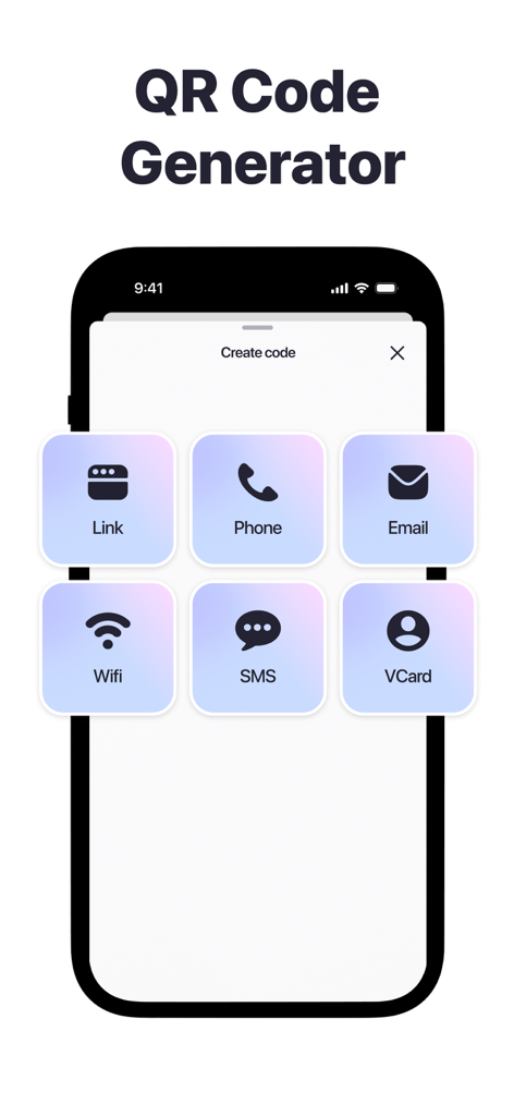 QR Code & Barcode－Scanner App - Mobile interface showing options to generate QR codes for links phone numbers emails wifi sms and vcards