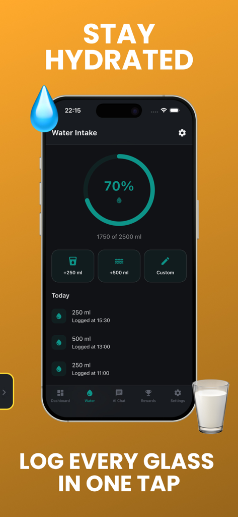 Calorie Tracker - AI Food Log - Calorie Tracker app water intake screen showing daily hydration progress and quick log buttons
