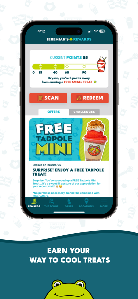 Mobile app interface for Jeremiah's Rewards showing loyalty points and a free treat offer