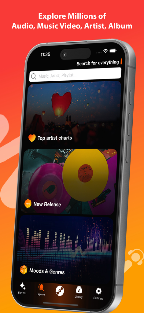 Music X Player-Music Streaming - Pantalla Explorar de la aplicación Music X Player mostrando los principales rankings de artistas y lanzamientos de música nueva en un smartphone.