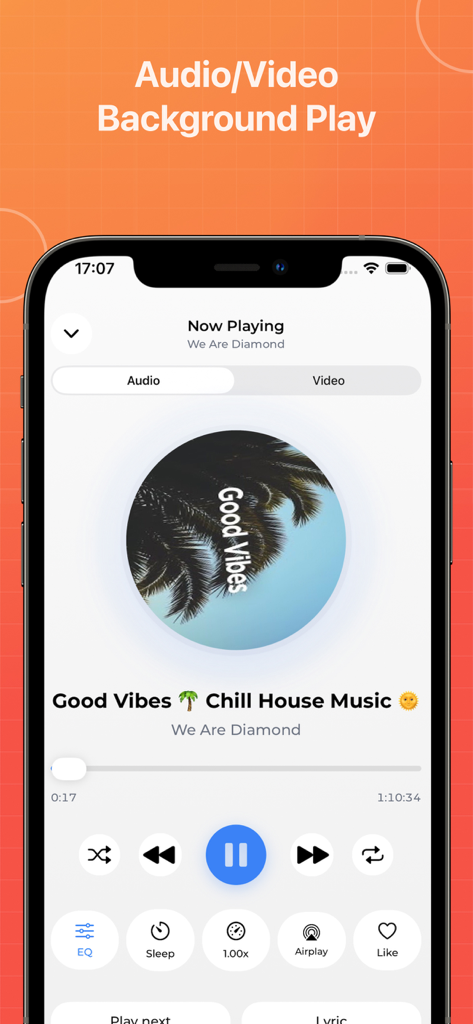 Music – Simple Music Stream - オーディオおよびビデオのバックグラウンド再生オプションが表示された再生中の画面インターフェース