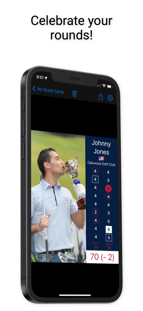 Back Nine - Back Nine app screenshot showing a shareable golf scorecard with a winner's photo and course statistics