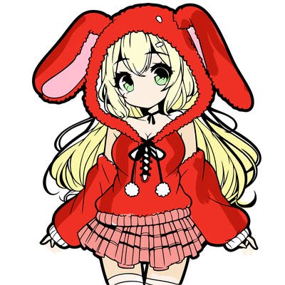 pretty anime girl wearing a fluffy hoodie with bunny ears on the hood and a skirt