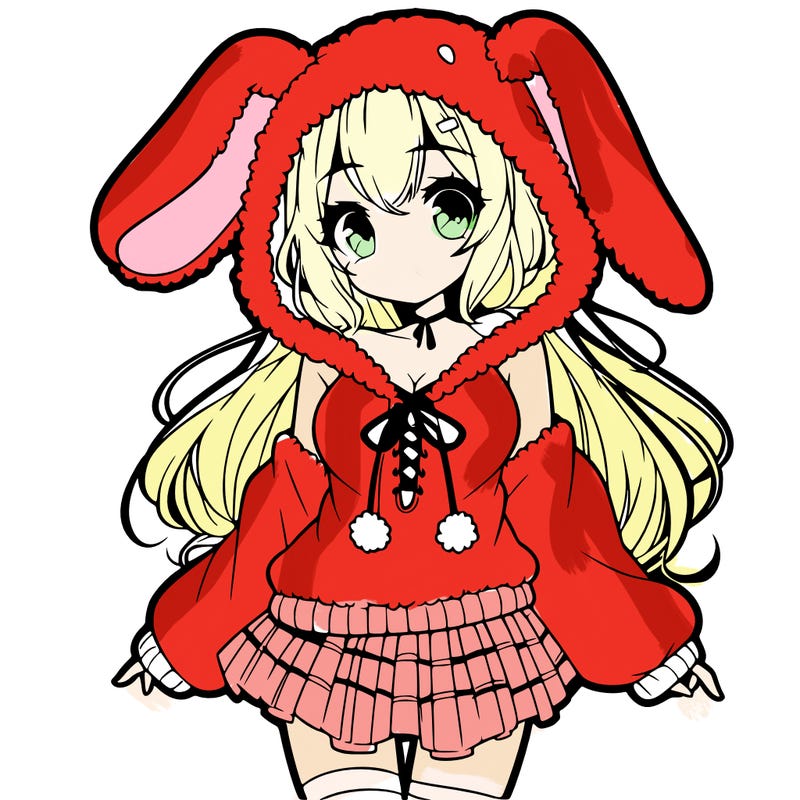 pretty anime girl wearing a fluffy hoodie with bunny ears on the hood and a skirt
