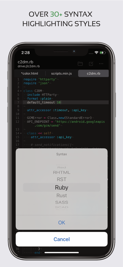 Code Editor - Compiler & IDE - Code editor app displaying syntax highlighting for Ruby on iPhone