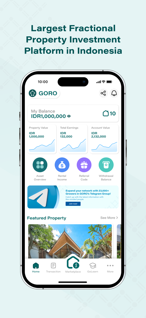 GORO mobile app dashboard displaying fractional property investment balance and featured villa listings