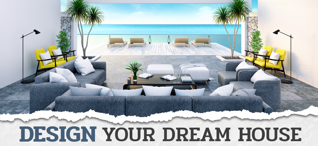 Design My Home Makeover: Words - Diseño de patio moderno de lujo con sofás grises y vista al mar