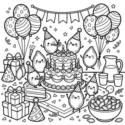 Get ready to celebrate with this charming coloring page featuring an adorable birthday party for pumpkin seeds. Full of festive details like cake, balloons, and presents, it's perfect for a joyous coloring session.
