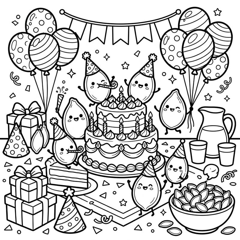 Get ready to celebrate with this charming coloring page featuring an adorable birthday party for pumpkin seeds. Full of festive details like cake, balloons, and presents, it's perfect for a joyous coloring session.