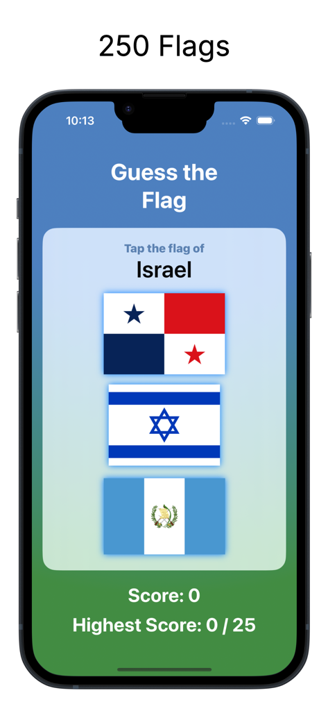 World Flags Trivia - World Flags Trivia mobile app interface showing a flag identification quiz