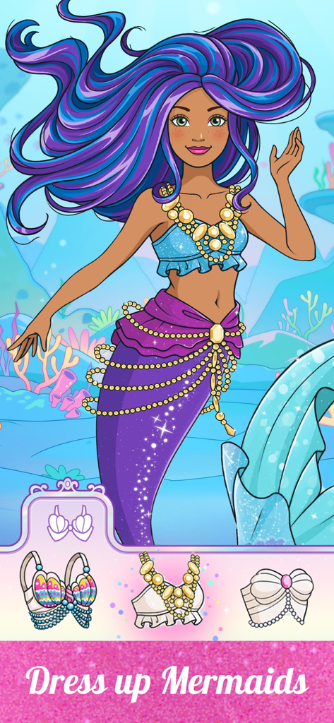 Barbie Magical Fashion - Una schermata di personalizzazione di un personaggio sirena in Barbie Magical Fashion con varie opzioni di outfit