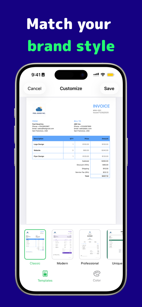 A mobile screen showing different professional invoice templates to match a brand style.