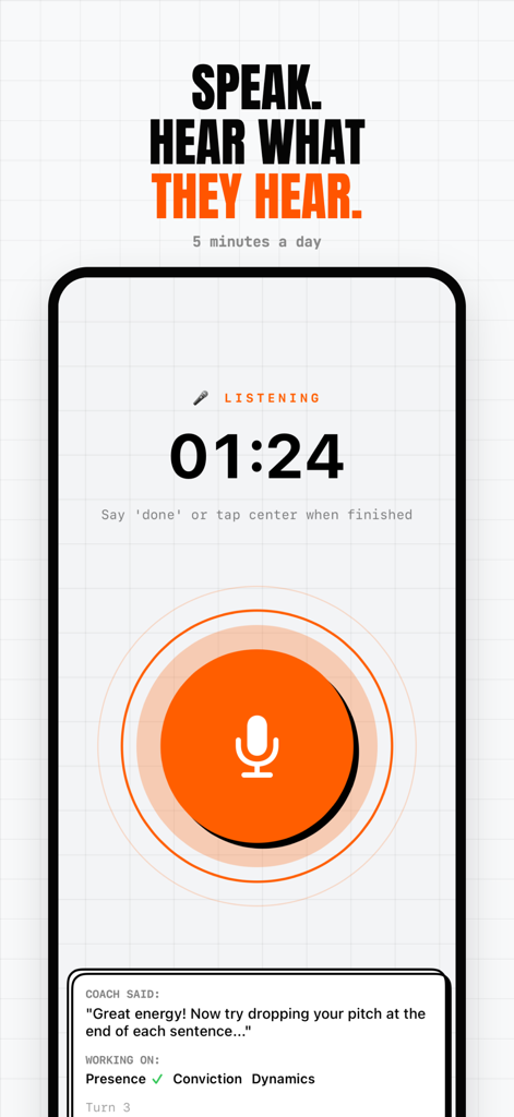 Charisma Lab: Speaking Coach - Charisma Lab app interface showing a voice recording session with real time AI speaking coach feedback