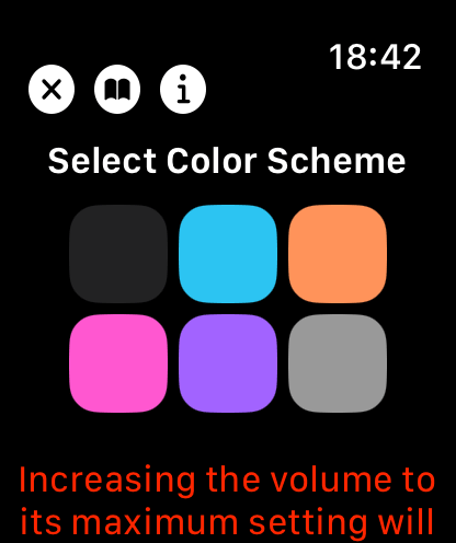 La pantalla de selección de combinación de colores de la aplicación Emoji Sound en un Apple Watch.
