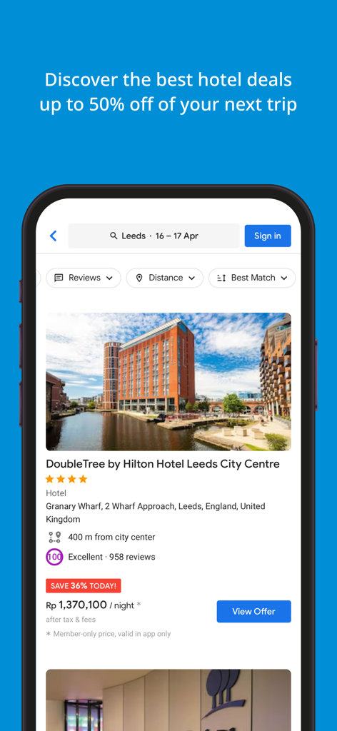 Wisata App - Una pantalla de aplicación móvil que muestra una oferta de hotel para DoubleTree by Hilton en Leeds con una insignia de descuento del 36 por ciento.