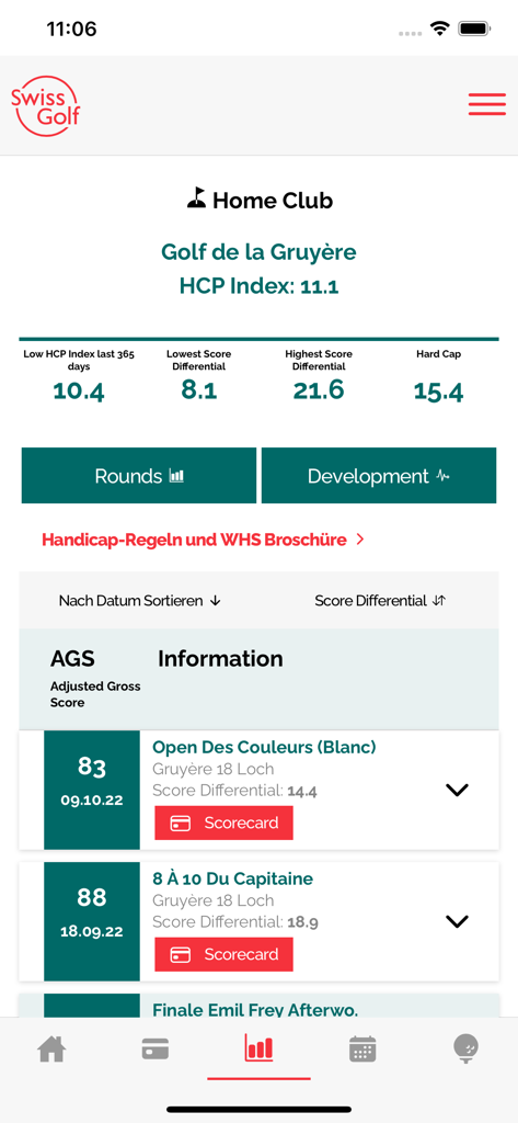 Swiss Golf - Swiss Golf app dashboard displaying handicap index statistics and a history of golf round scores