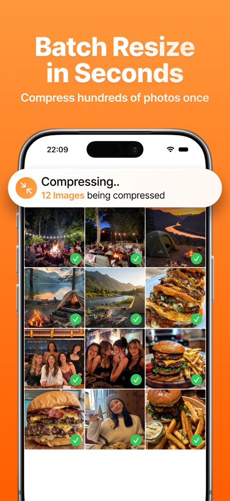 Photo Compressor: Resize MB - iPhone screen showing the batch photo compression feature processing multiple images at once.