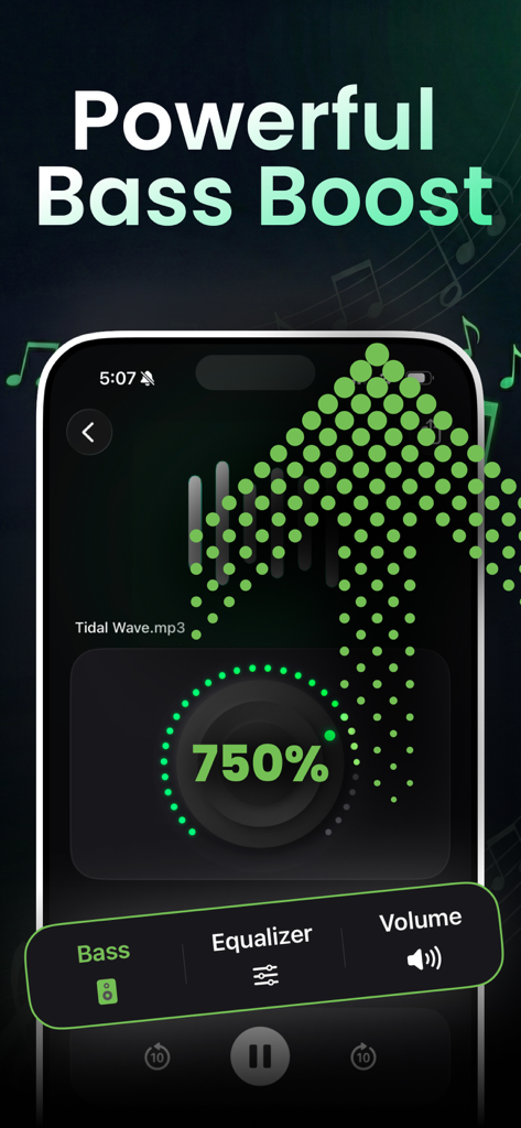 Volume Booster - Sound & Bass - Tela de smartphone mostrando o recurso de amplificação de graves potente definido em 750% em uma interface com tema escuro.