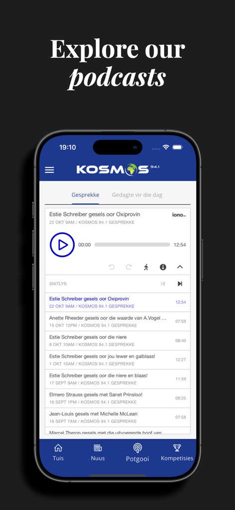 Kosmos 94.1 - Kosmos 94.1 radio app showing a list of available Afrikaans podcasts and a playback player