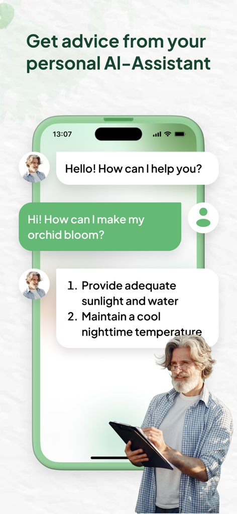 AI Plant Identifier - Leaf ID - Asistente de IA proporcionando consejos de cuidado de plantas para una orquídea en la aplicación Leaf ID.