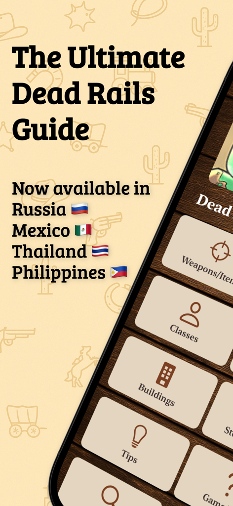 Dead Rails Guide – Unofficial - Uma captura de tela da interface do aplicativo móvel Dead Rails Guide destacando suas categorias e disponibilidade internacional