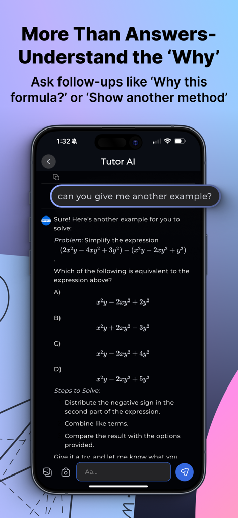 AI Homework Helper - StudyAi - StudyAi app screen displaying an interactive AI tutor chat providing a math problem and step-by-step solution instructions
