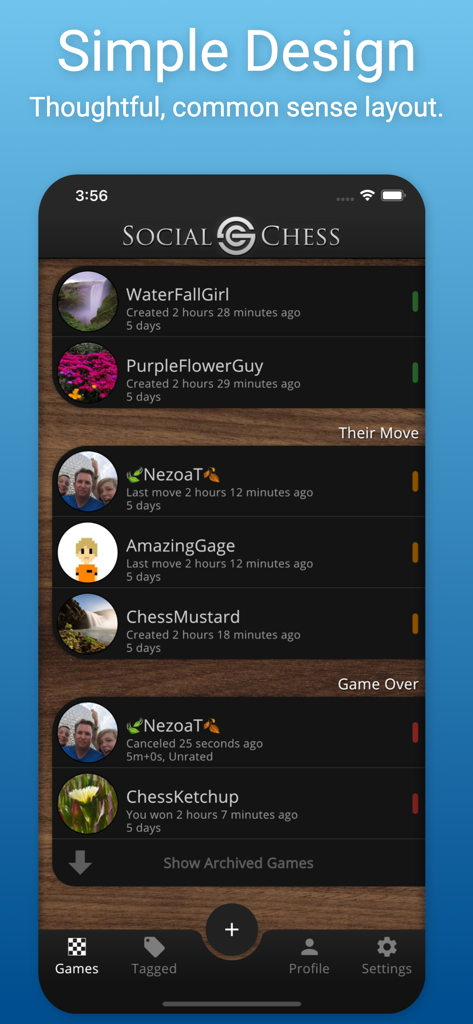 SocialChess app interface showing a list of active and completed correspondence games with a clean wood grain design.