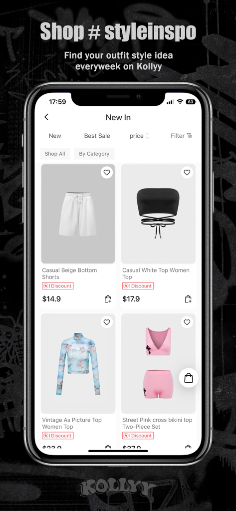 KOLLYY - Clothing & Fashion - Kollyy mobile app screen displaying new street style and Y2K fashion arrivals with prices and discounts